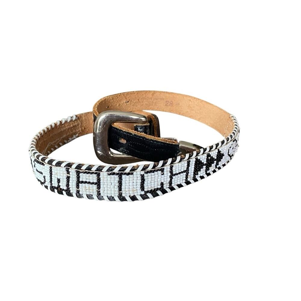 Vintage Western Beaded Swatch Belt size 28 Black White Leather